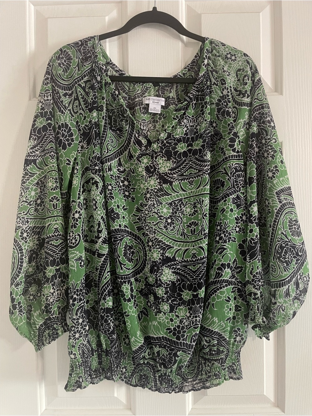 Liz Claiborne Green and Black Paisley Floral Peasant Top